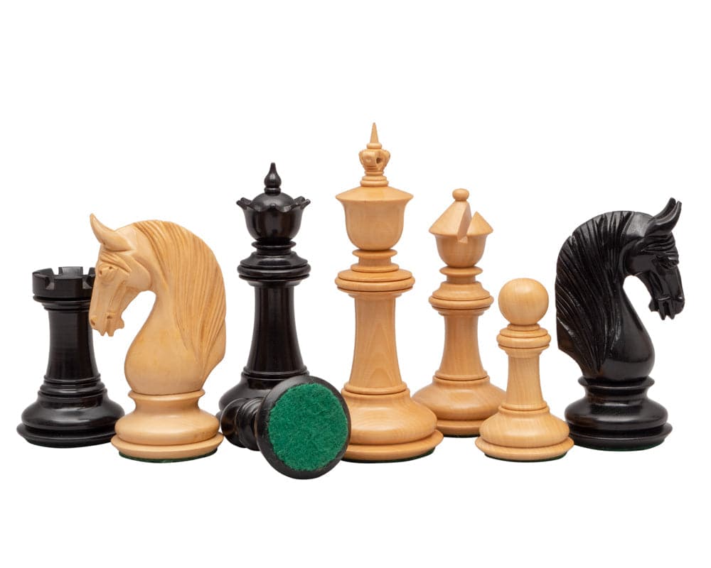 Blackburne Luxury Ebony Chess Men 4.5 inch set, handcrafted with exquisite detailing and felted bases, shown with a 23.6 inch board