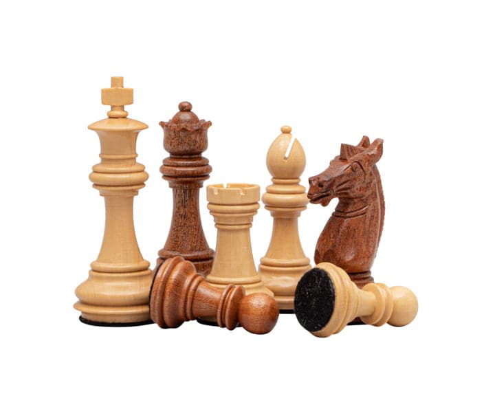 The Trapani Golden Rosewood 3.35 inch Italian Chess Men in traditional Staunton design, carved from Golden Rosewood and Boxwood, weighted and balanced.