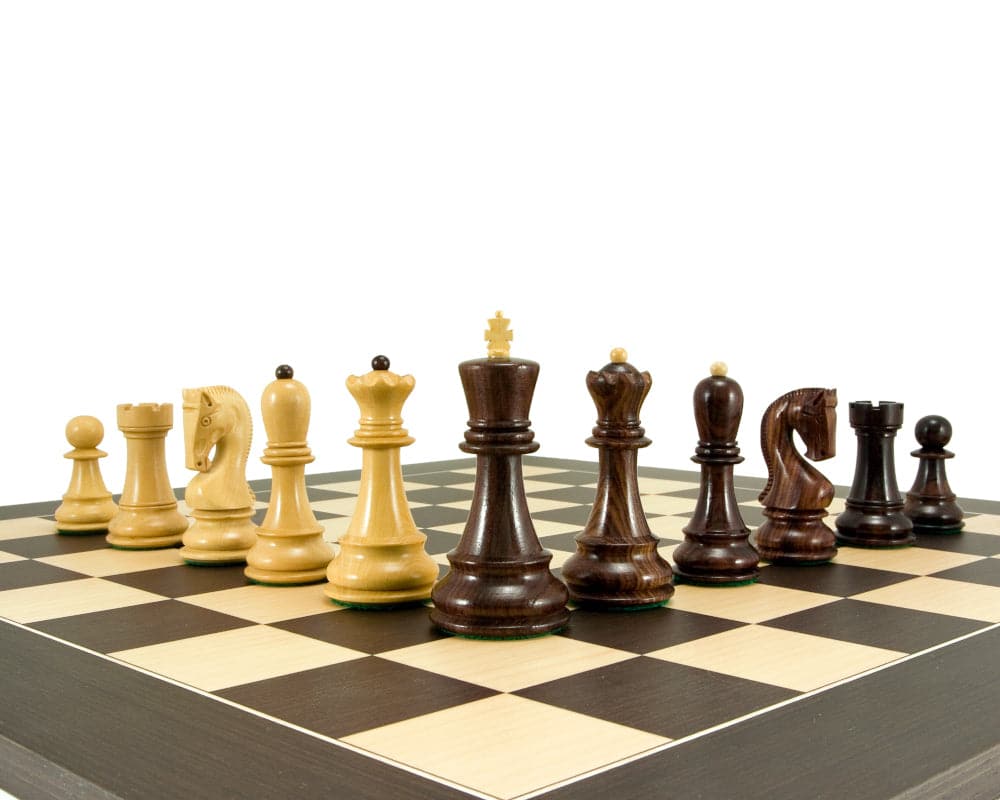 Antipodean Deluxe Tournament Chess Set with rosewood and boxwood Staunton chessmen on a wenge and maple board.