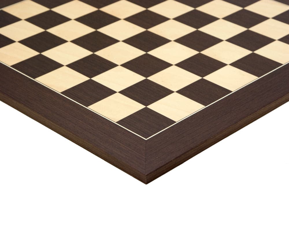 Close-up of wenge and maple chessboard from Antipodean Deluxe Tournament Chess Set, showcasing elegant craftsmanship and quality finish.