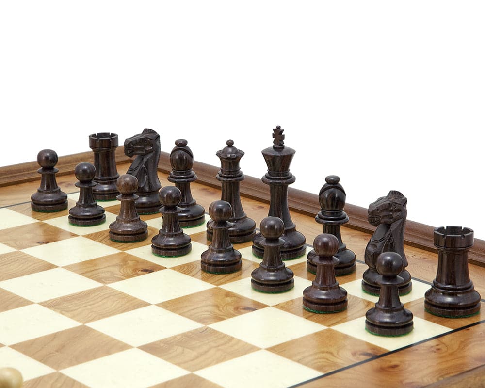 Supreme Rosewood and Briarwood Traditional Chess Set with beautifully crafted chessmen on a briarwood and elm chessboard.