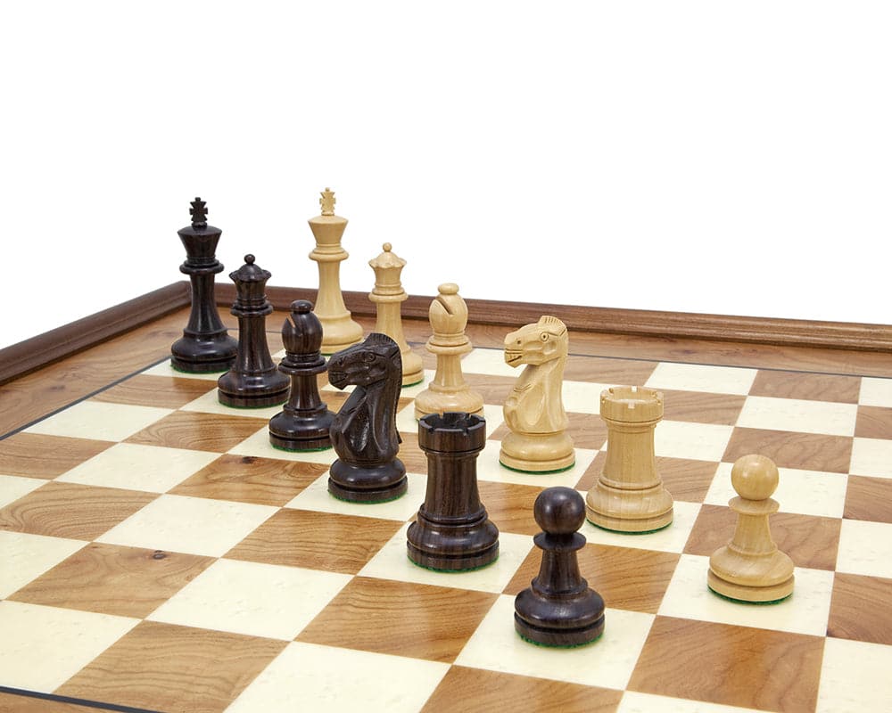 Supreme Rosewood and Briarwood Traditional Chess Set with Elm Chess Cabinet featuring beautifully crafted pieces and a 3-inch king.