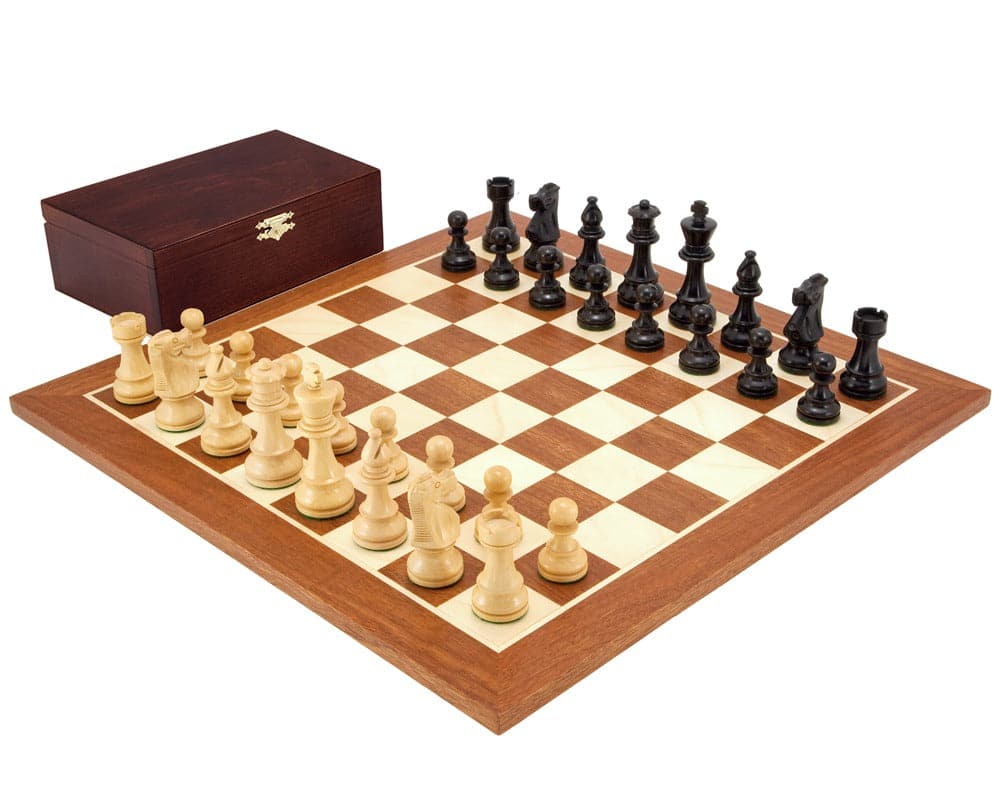 French Knight Black Mahogany Chess Set on 19-inch mahogany and maple board with solid birchwood case in the background