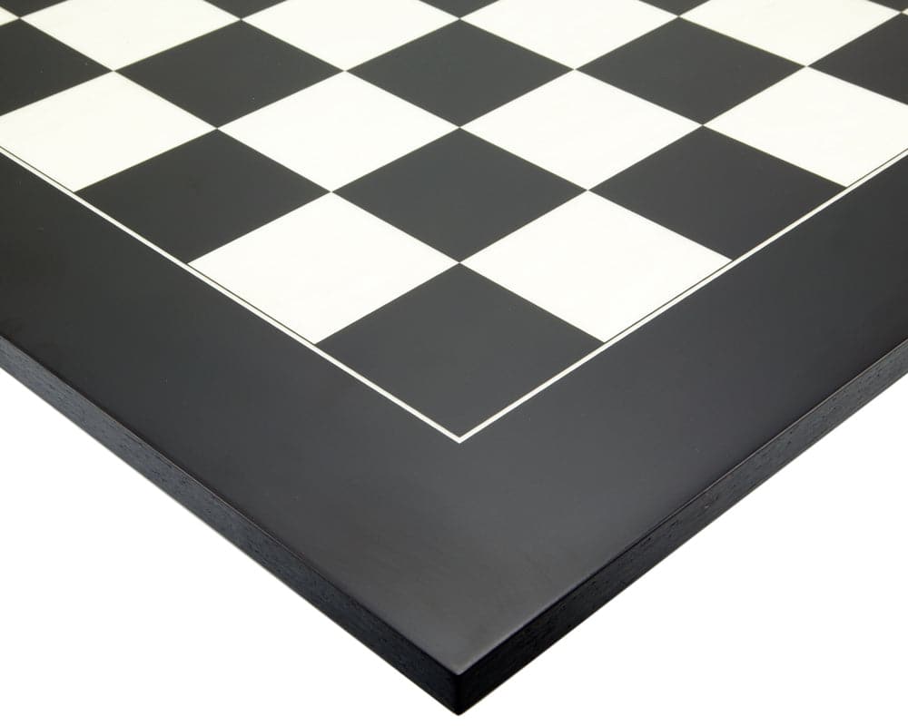 Close-up of 22 inch black and white chess board from Frankfurt Grand Black Chess Set showing Staunton classic design.