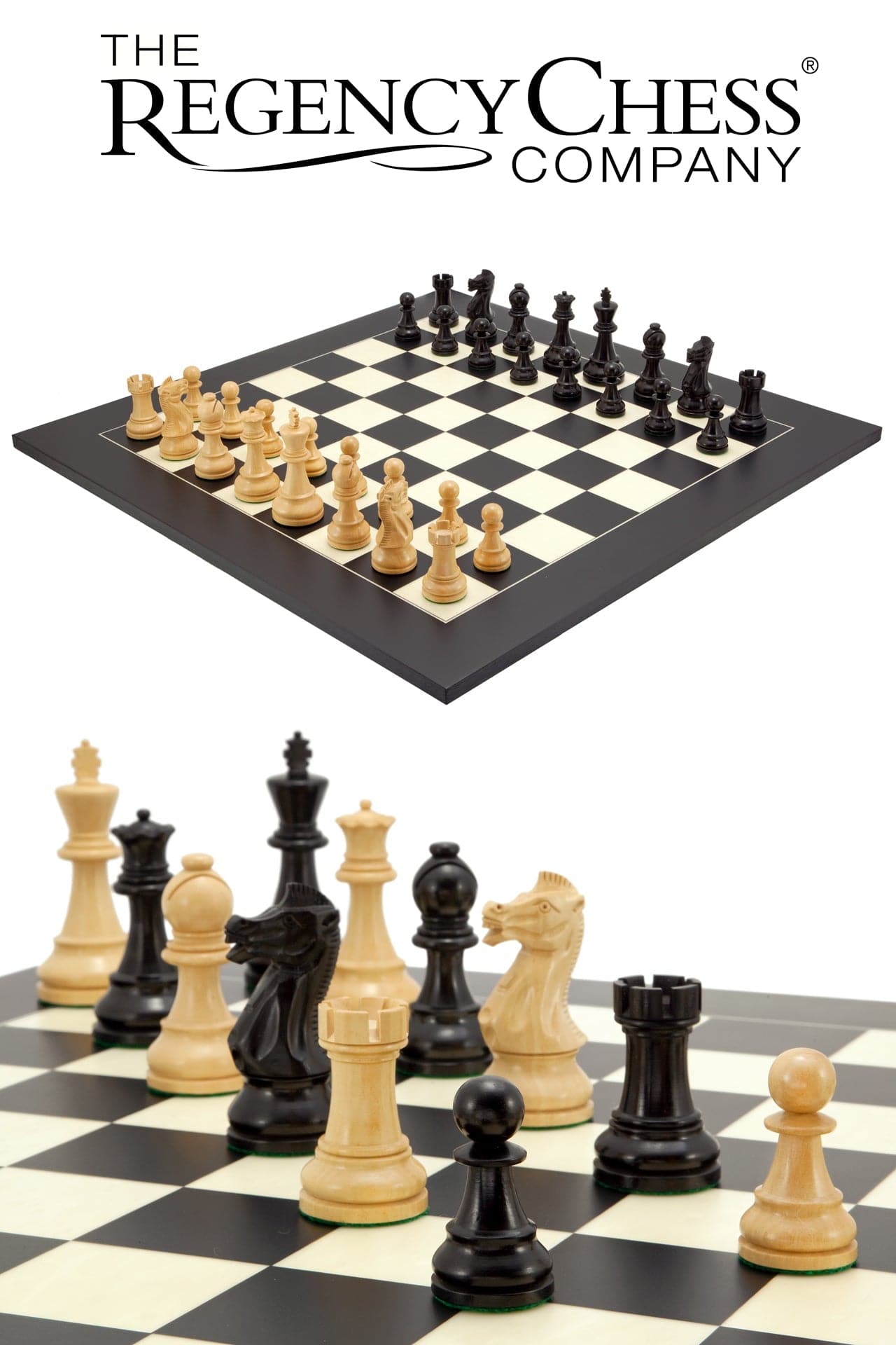 Frankfurt Grand Black Chess Set by The Regency Chess Company, Classic Staunton design on Spanish-made board with 4-inch king, weighted pieces.