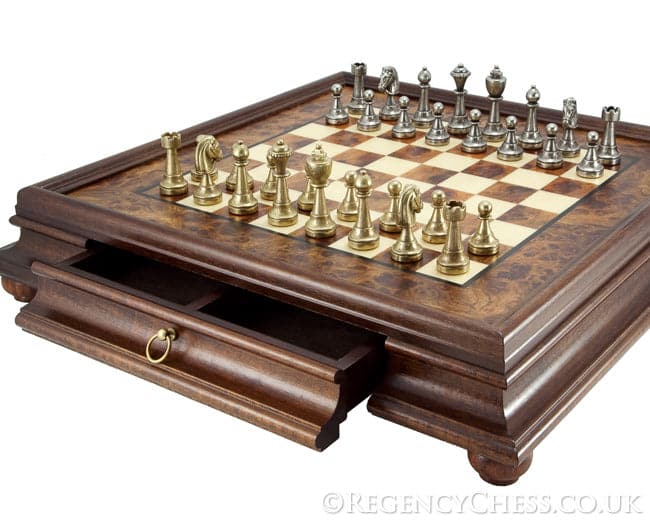 Finnesburg Brass and Nickel Chess Set with 20.6-inch Briarwood and Elm Chess Cabinet featuring a Drawer.