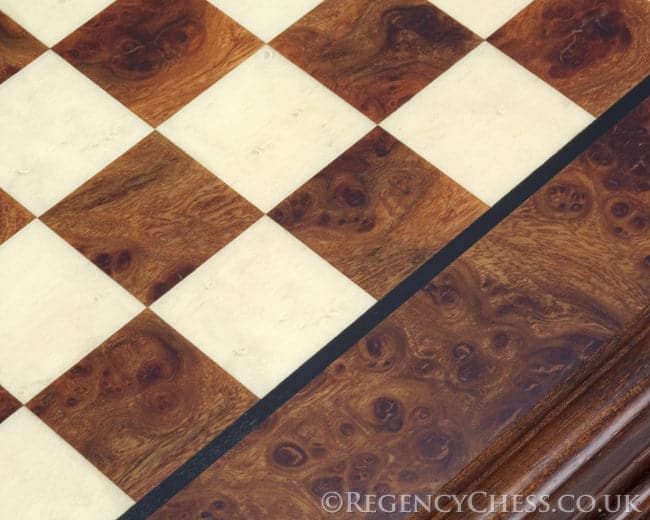 Close-up of the Finnesburg Briarwood and Elm Chess Cabinet with elegant wood veneer squares and a satin lacquer finish.