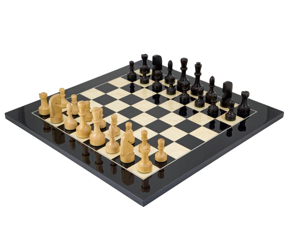 Contemporary Black Anegre chess set with high gloss lacquered board and hand-finished boxwood pieces