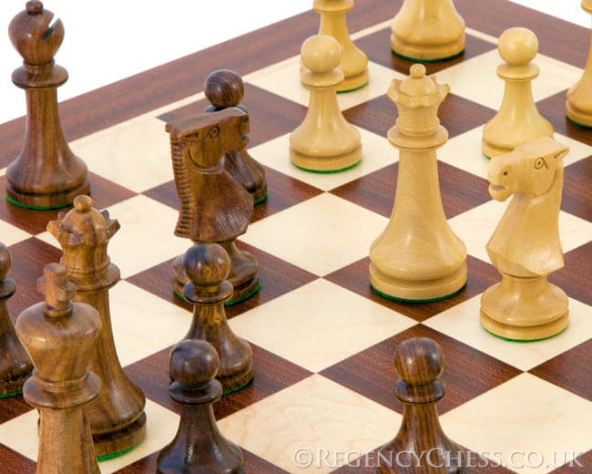 Pioneer Sheesham and Mahogany Staunton Chess Set featuring Golden Rosewood and Boxwood chessmen on European inlaid chess board.