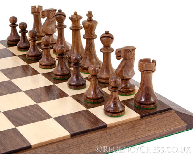 Pioneer solid Walnut and Sheesham Staunton chess set with hand-made board featuring elegant pieces on a luxury Walnut and Maple chess board