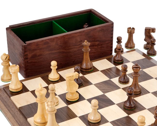 Pioneer Staunton chess set with solid Sheesham and Boxwood pieces on Walnut and Maple board, featuring a solid wood case.