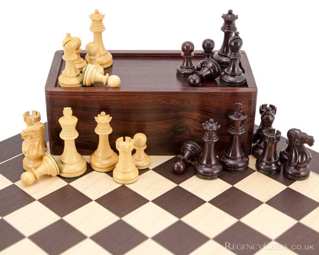 Deluxe rosewood and maple Staunton chess set with chessmen on 20-inch wenge chess board and wooden case.