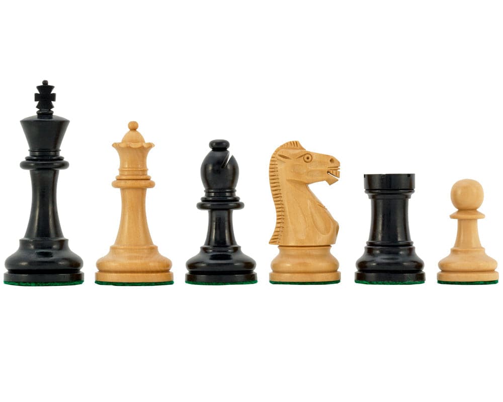 Supreme Ebony Tournament Chess Set pieces – luxury real ebony and boxwood chess pieces including king, queen, bishop, knight, rook, and pawn.