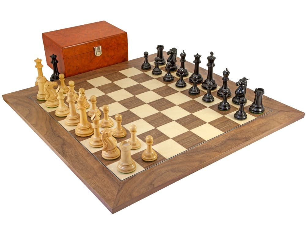 Parthenon Grand Ebony and Walnut Chess Set with Staunton design on 24-inch Spanish-crafted board.