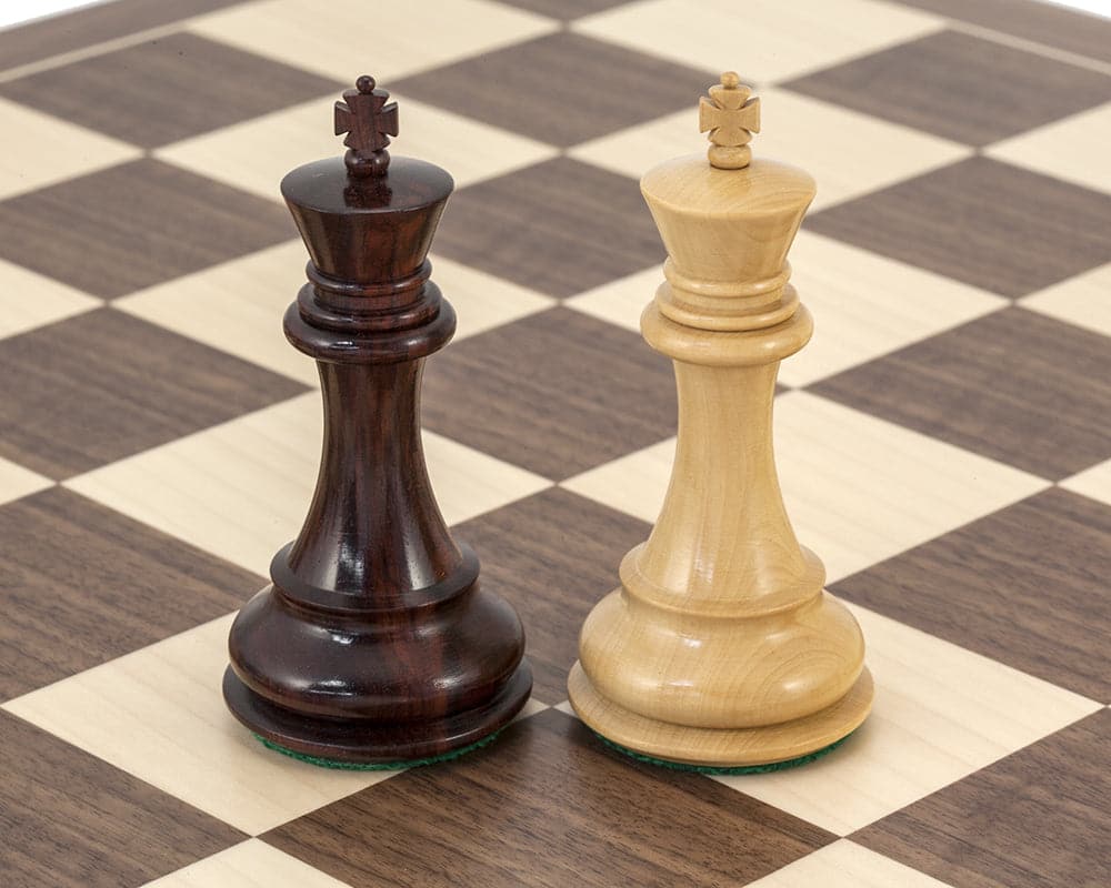 Sentinel Rosewood and Walnut Chess Set Kings from Regency Collection on European board, luxury wooden pieces, 4-inch classic Staunton King.