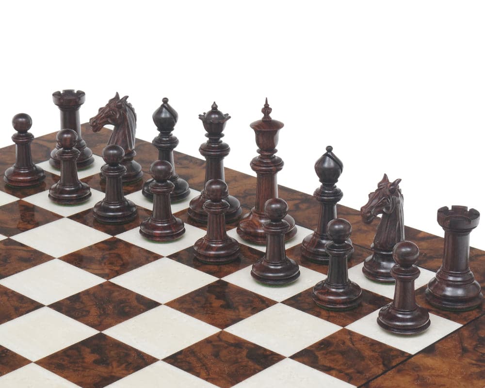 Classic Staunton Rosewood and Dark Walnut Chess Set on glossy erable and elm wood chessboard