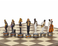 Handgeschilderde thematische schaakset "Jazzband vs Rocksterren" door Italfama