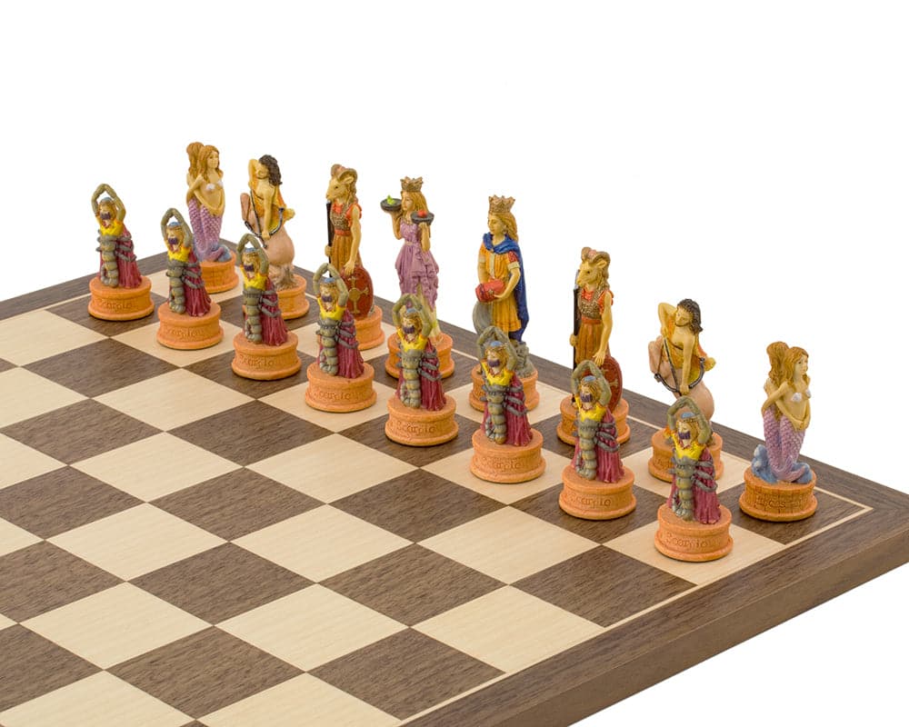 Hand painted Zodiac chess pieces on a wooden chessboard, featuring detailed craftsmanship and exquisite design.