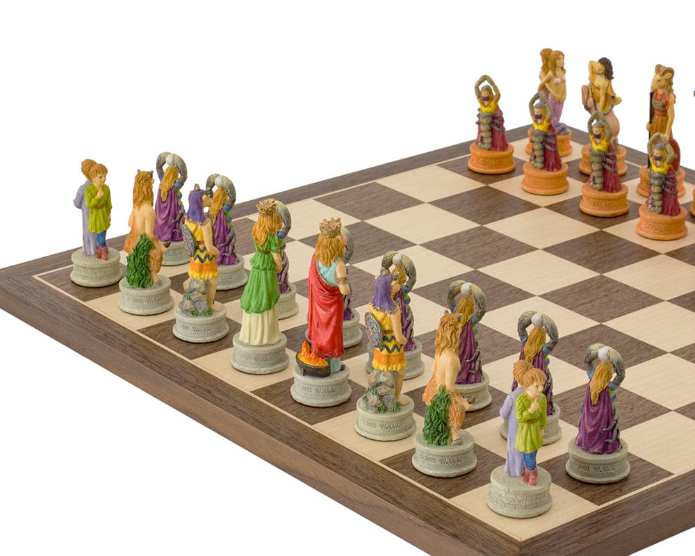 Hand-painted Zodiac chess set on a 15.75-inch Spanish board featuring intricately detailed stone composite pieces.