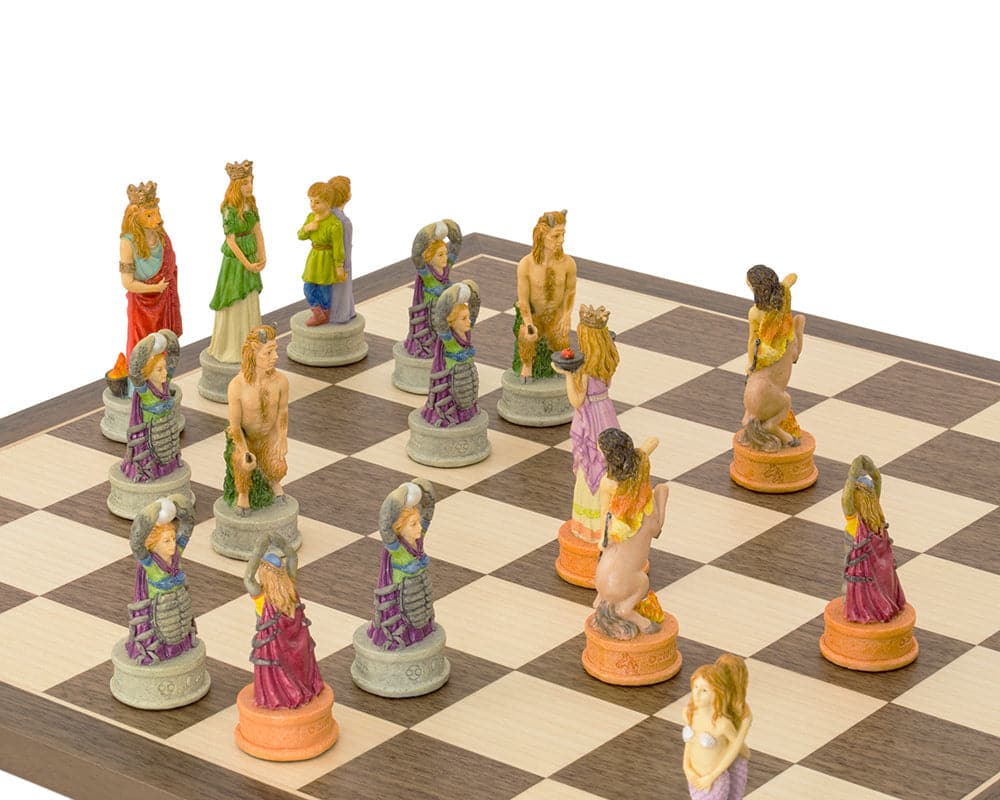 Hand-painted Zodiac chess set pieces on 15.75 inch Spanish board by Italfama, showcasing exquisite detail and craftsmanship