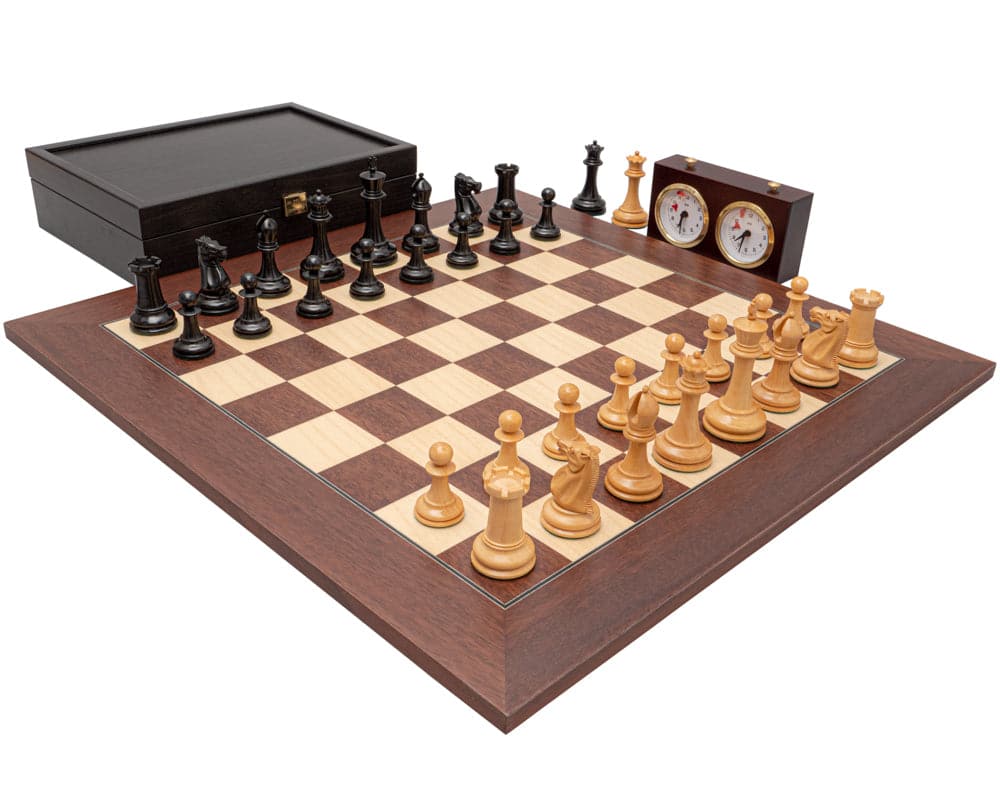 The 1853 Paulsen Reproduction Ebony and Montgoy Palisander Luxury Chess Set with chessboard, chess pieces, wooden clock, and case