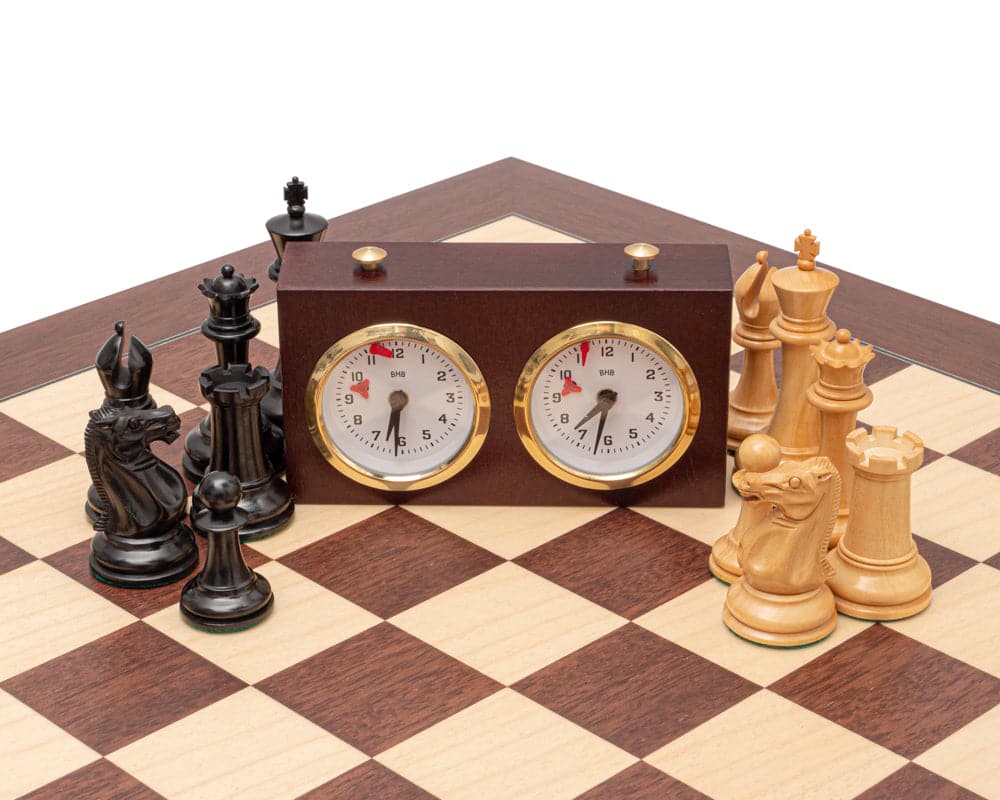 Luxury Paulsen Reproduction Chess Set with Ebony and Palisander Pieces, Wooden Chess Board, and Chess Clock on Display