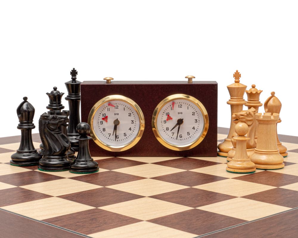 Luxury 1853 Paulsen Reproduction Ebony and Montgoy Palisander Chess Set with Wooden Clock on High Grade Board