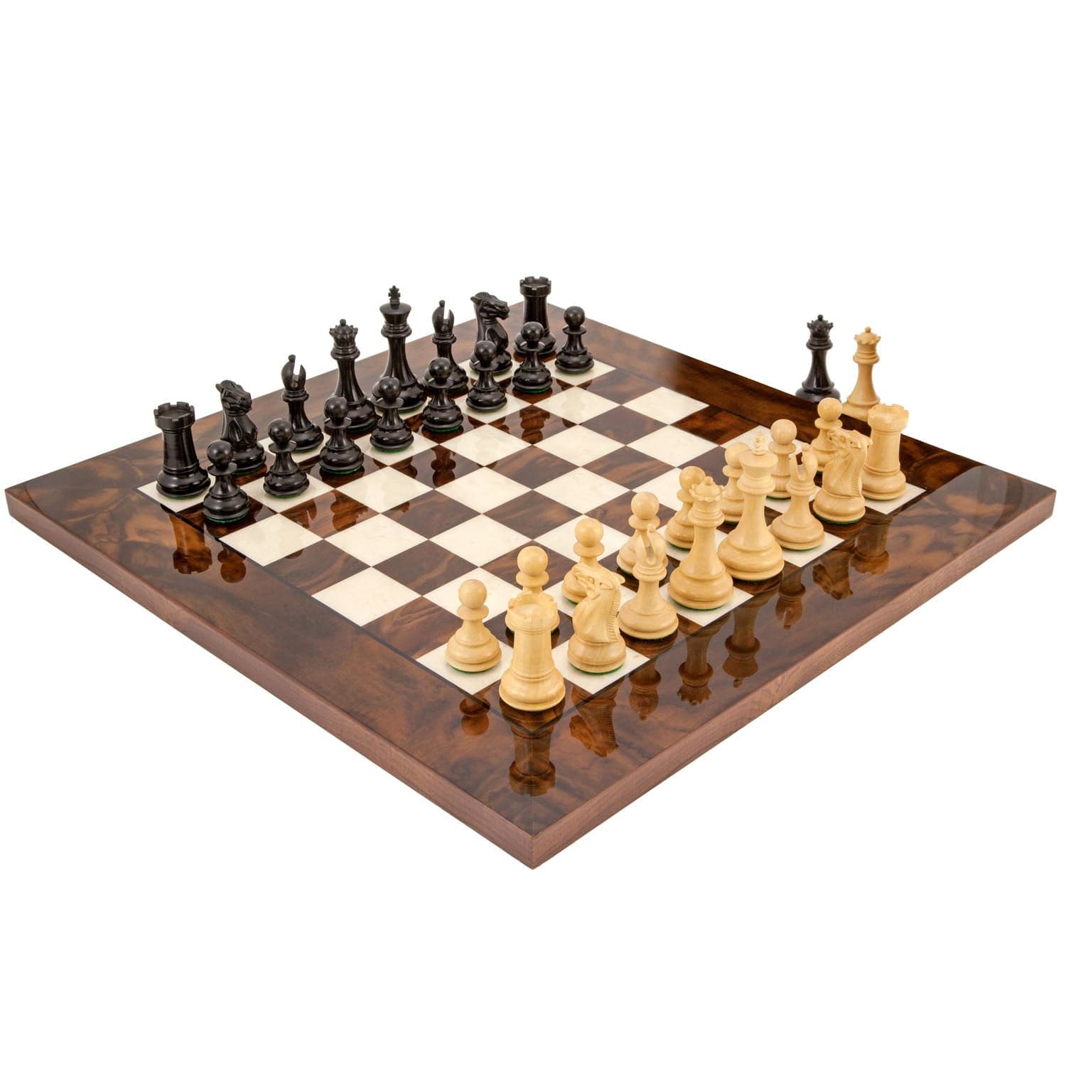 Luxury Highclere Ebony and Dark Walnut Chess Set with acacia pieces on a 19.7 inch walnut and maple board.