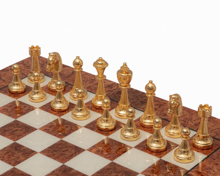 Gold and briarwood Italian chess set with gold and silver plated pieces on a 16.75 inch board with 1.55 inch playing squares.