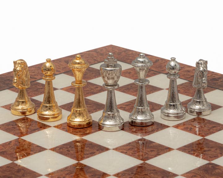 Luxury Italian chess set with gold and silver plated pieces on a 16.75 inch briarwood and elm board with 1.55 inch squares.