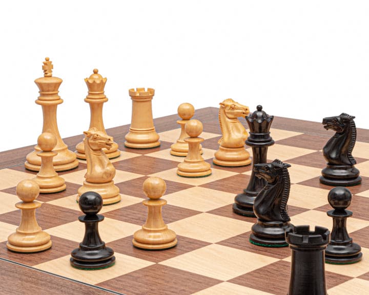 The Rochester Ebony and Walnut Grand Chess Set featuring Staunton design pieces on a 23.6 inch board with 2.36 inch squares.