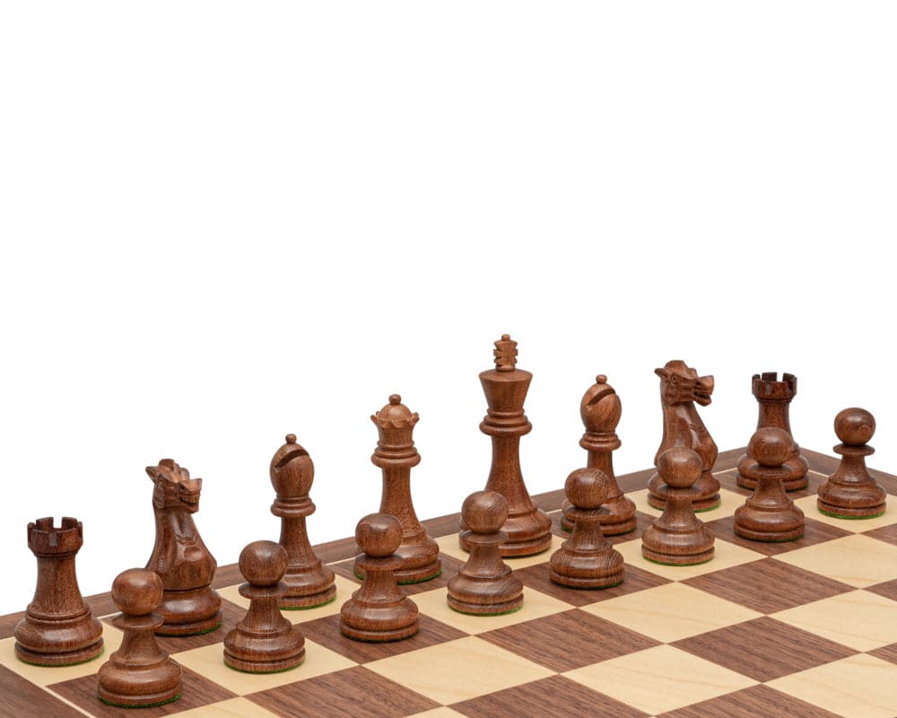 The Executive Sheesham and Maple Staunton Chess Set on 21.7 inch Walnut and Maple board with 3.75 inch king and two additional queens.