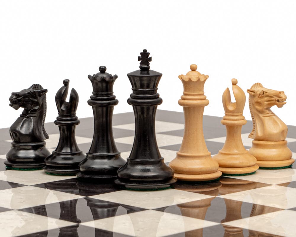 The Sovereign Ebony and Grey Briarwood Luxury Chess Set with Classic Staunton Design Pieces on High Gloss Italian Chessboard