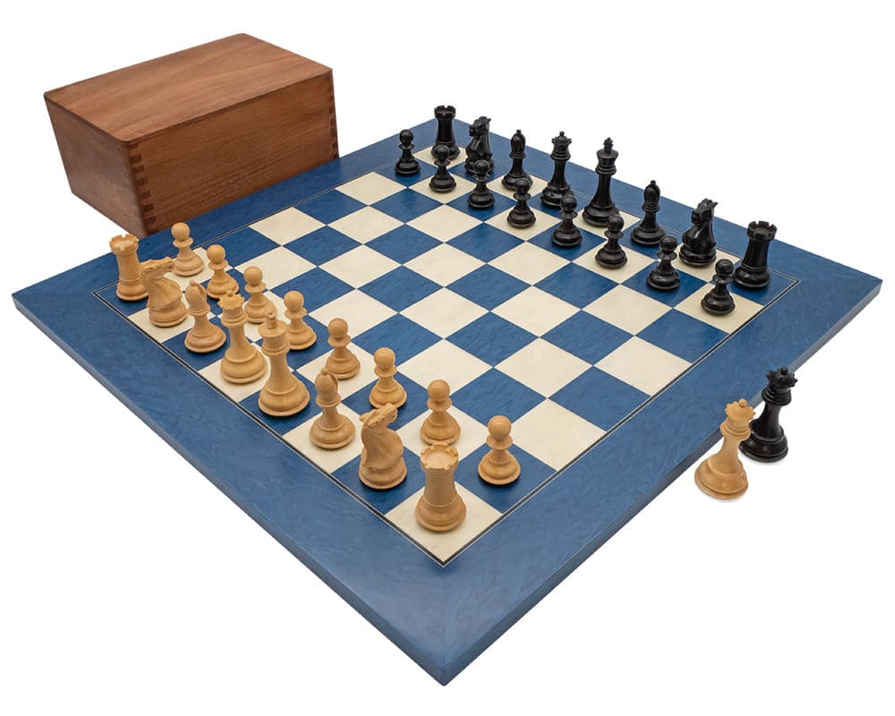 The Blue and Black Tournament Chess Set with wooden case featuring a fully initialized chessboard.