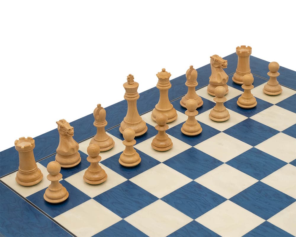 Blue and black tournament chess set with wooden pieces on a checkered board.