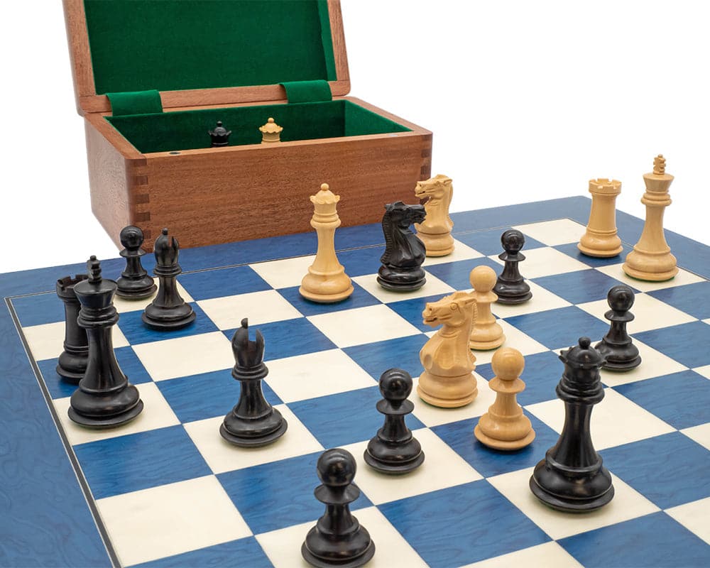 Blue and Black Tournament Chess Set with wooden case, featuring a black and white checkered board and classic chess pieces.