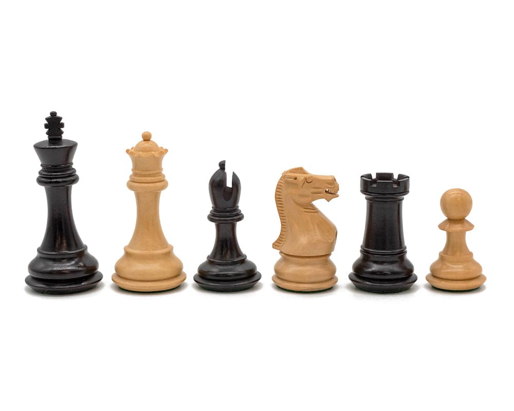 Blue and Black Tournament Chess Set pieces including King, Queen, Bishop, Knight, Rook, and Pawn positioned in a row.