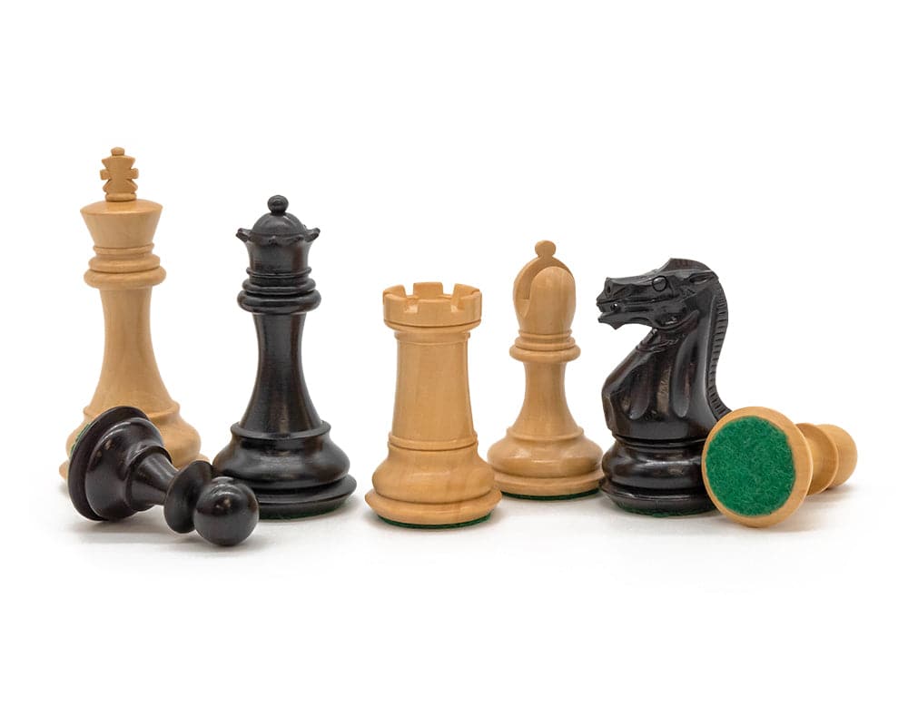 Blue and Black Tournament Chess Set with Case - Wooden Chess Pieces Including King, Queen, Rook, Bishop, Knight, and Pawn.