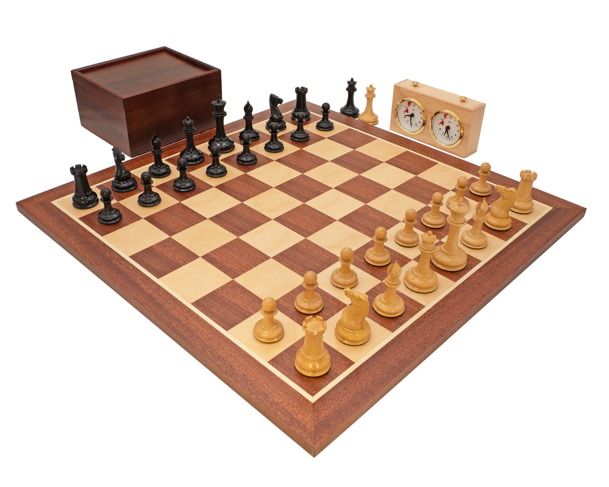 De 1850 London Limited Edition ebbenhouten en mahonie Deluxe Schaakset met Opbergkist voor schaakstukken en schaakklok