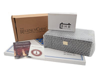 JJ Cooke Edition zwarte mahoniehouten schaakset met opbergkist voor schaakstukken en schaakklok