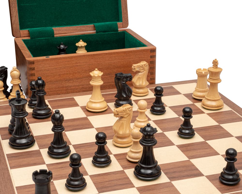 Competition Staunton Walnut Chess Set with handcrafted chess pieces, 3-inch king, and wooden case on a 15.75-inch walnut and maple board.