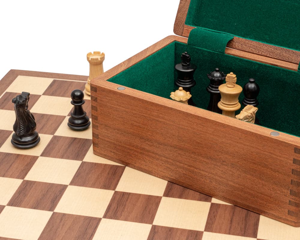 Competition Staunton Walnut Chess Set with 3-inch king, wooden case, and walnut/maple board