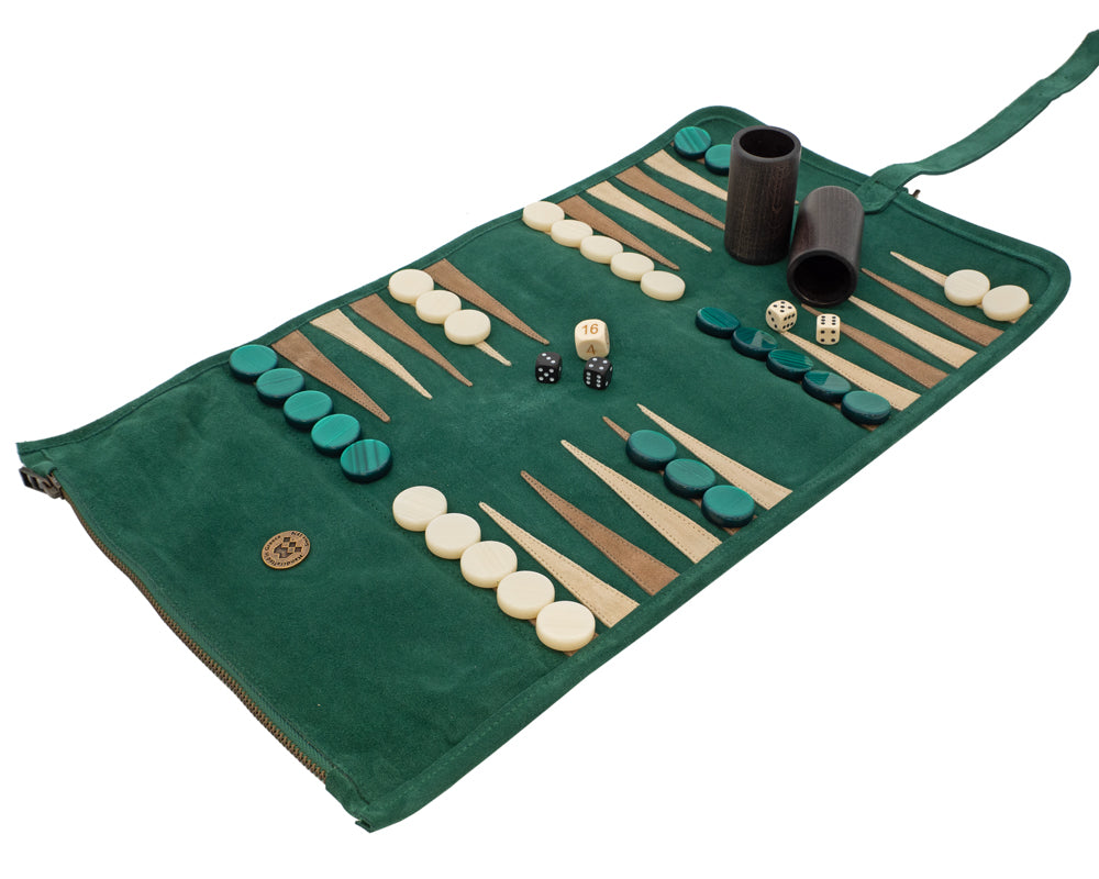 Manopoulos suède oprolbare reis-Backgammon-set - groen