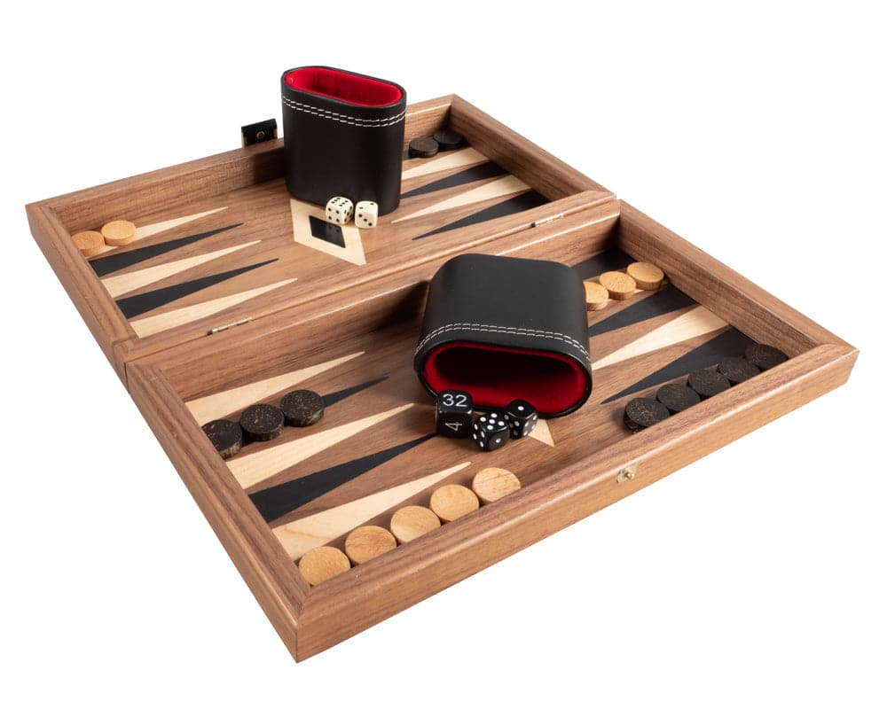 American Walnut Backgammon and Chess Combination Set with deluxe Philos cups in travel size with game pieces and dice.