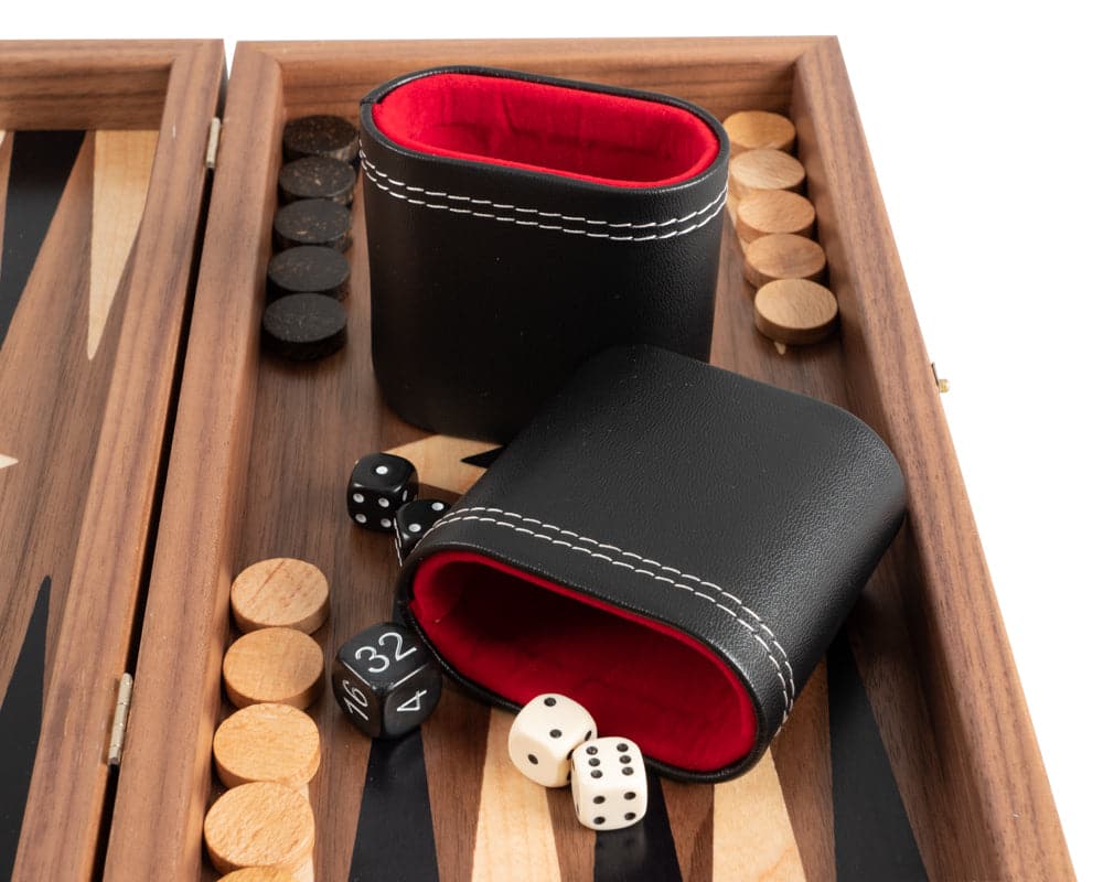 Travel-size American Walnut Backgammon and Chess Combination Set with deluxe Philos cups, wooden checkers, and dice.